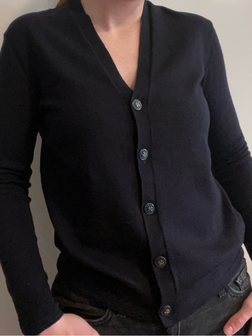 Tory Burch Navy Button-Up V-Neck Cardigan